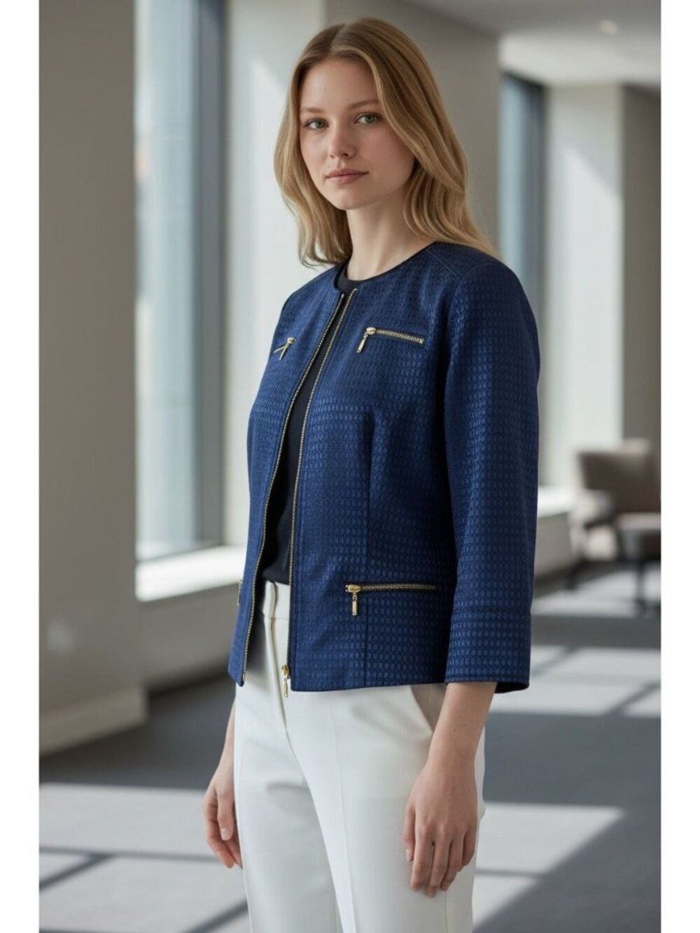 Laura Ashley Navy Blue Textured Chic Jacket Gold Zippers Size M Cotton Blend NEW